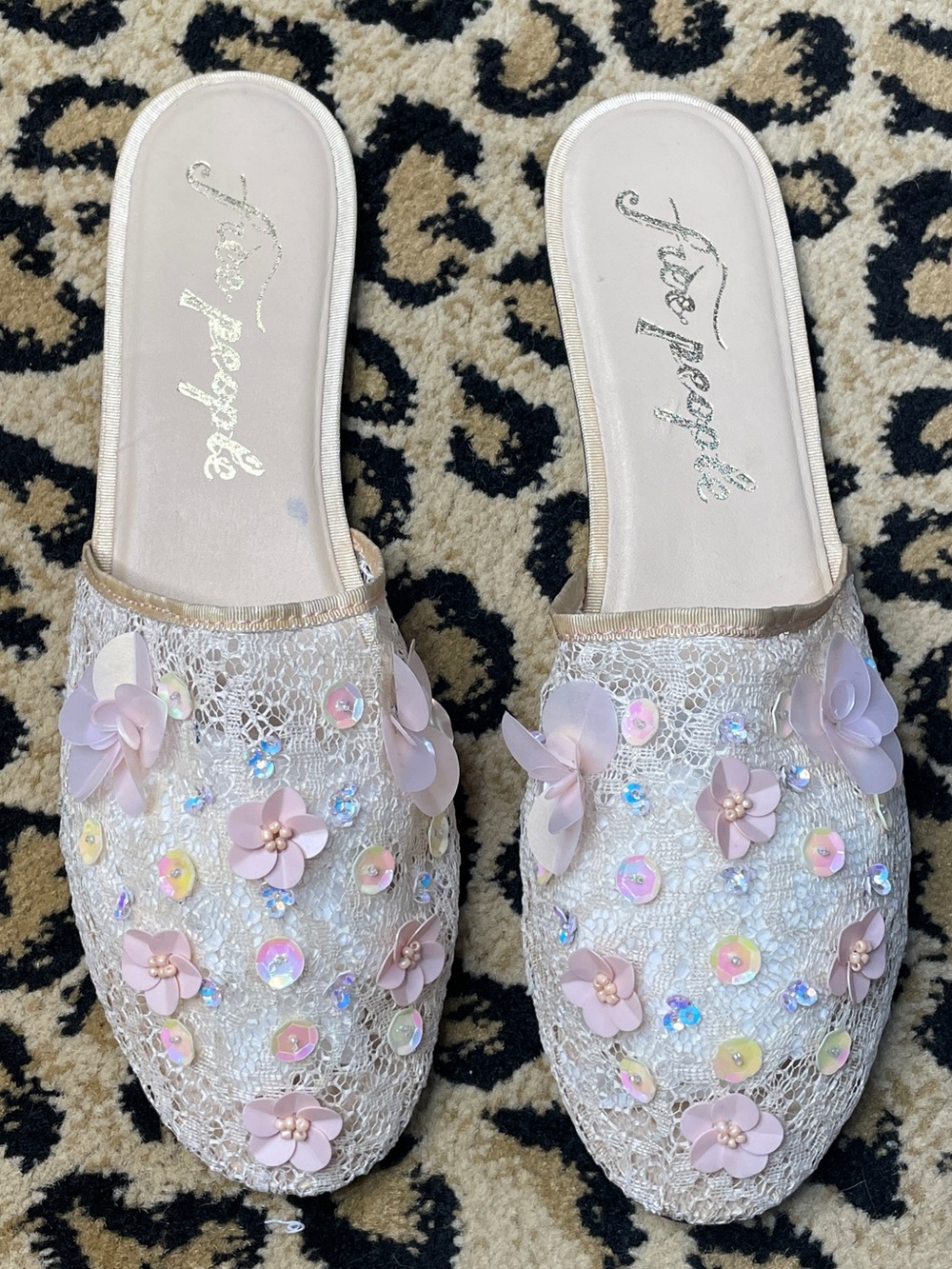 Free People Sequin Mesh Slip-On Mules with Pink Floral Appliqués